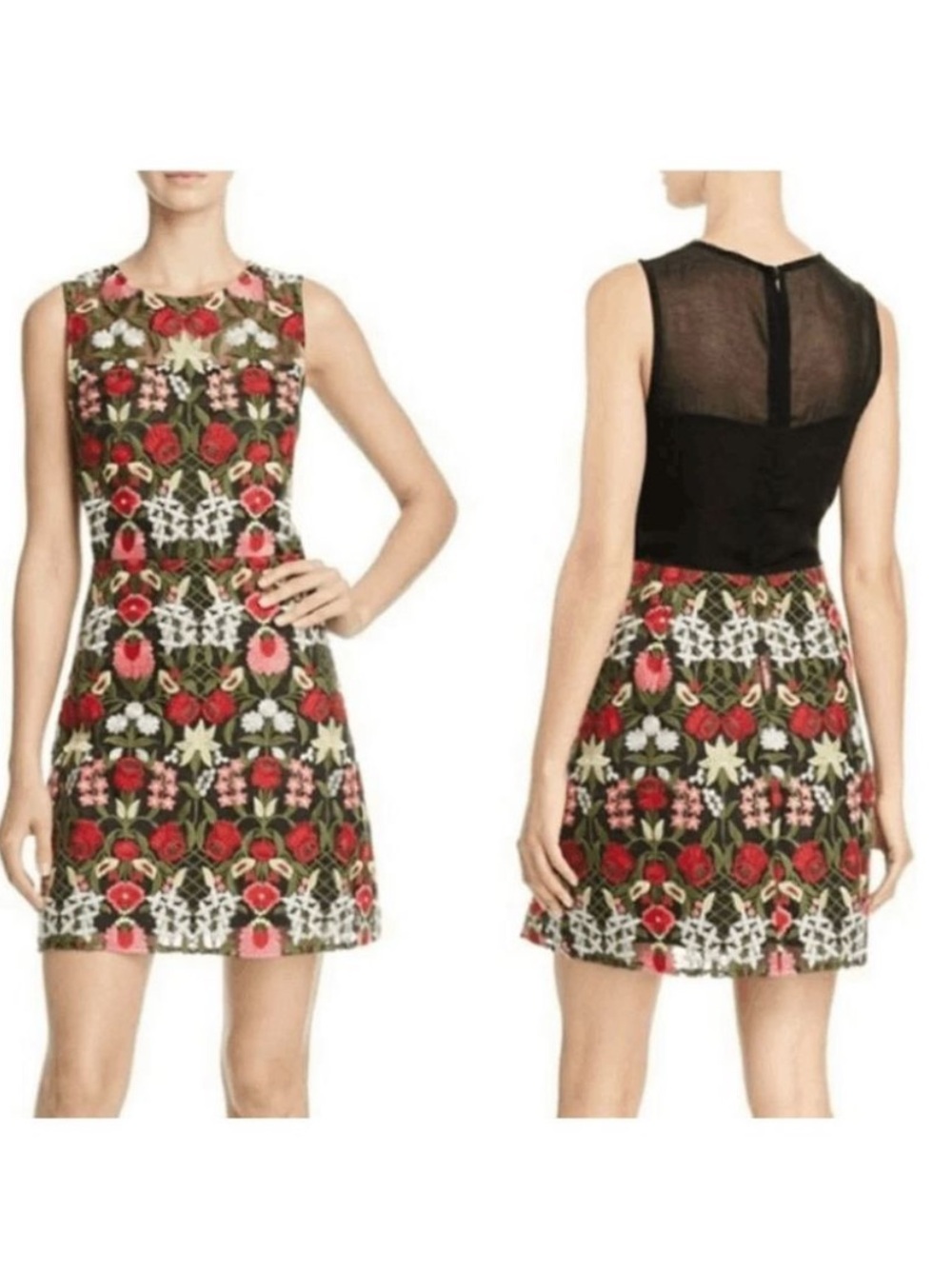Lucy Paris Marina Floral Embroidered Cocktail Dress w Sheer Back Size Medium